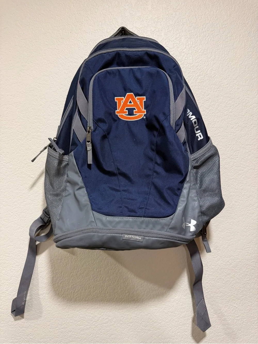 Under Armour Navy and Gray Auburn Logo Backpack with Water Bottle Pockets